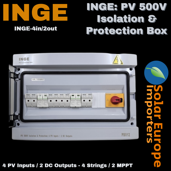 INGE: PV 500V Isolation & Protection Box: 4 PV Inputs / 2 DC Outputs - 4 Strings / 2 MPPT (18 Way Box) (INGE-4in/2out)