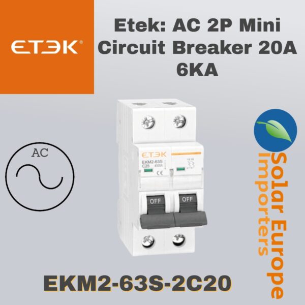 Etek: AC 2P Mini Circuit Breaker 20A 6KA (EKM3-63-2C20)