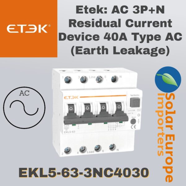 Etek: AC 3P+N Residual Current Device 40A Type AC (Earth Leakage) (EKL5-63-3NC4030)