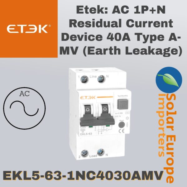 Etek: AC 1P+N Residual Current Device 40A Type A-MV (Earth Leakage) (EKL5-63-1NC4030AMV)