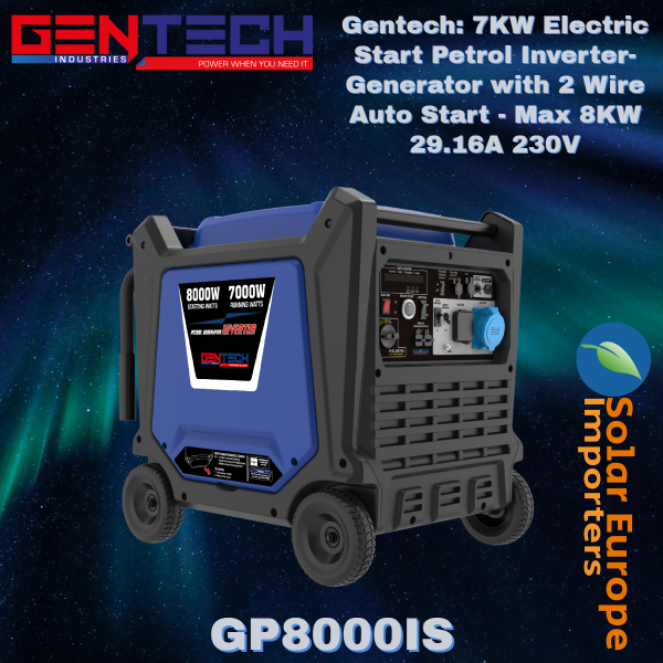 Gentech: 7KW Electric Start Petrol Inverter-Generator with 2 Wire Auto Start - Max 8KW 29.16A 230V (GP8000IS)