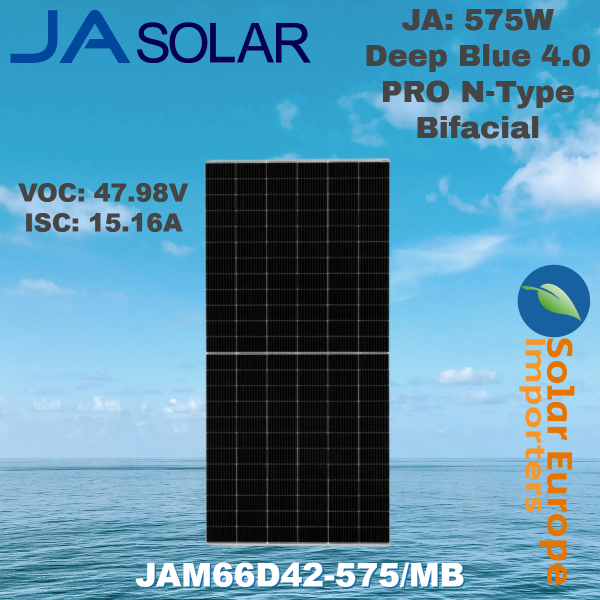 JA: 575W Deep Blue 4.0 PRO N-Type Bifacial - VOC: 47.98V / ISC: 15.16A (JAM66D42-575/MB)