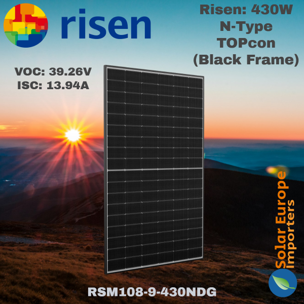 Risen: 430W N-Type TOPcon (Black Frame) - VOC: 39.26V / ISC: 13.94A (RSM108-9-430NDG)