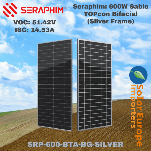 Seraphim: 600W Sable TOPcon Bifacial (Silver Frame) - VOC: 51.42V / ISC: 14.53A (SRP-600-BTA-BG-SILVER)