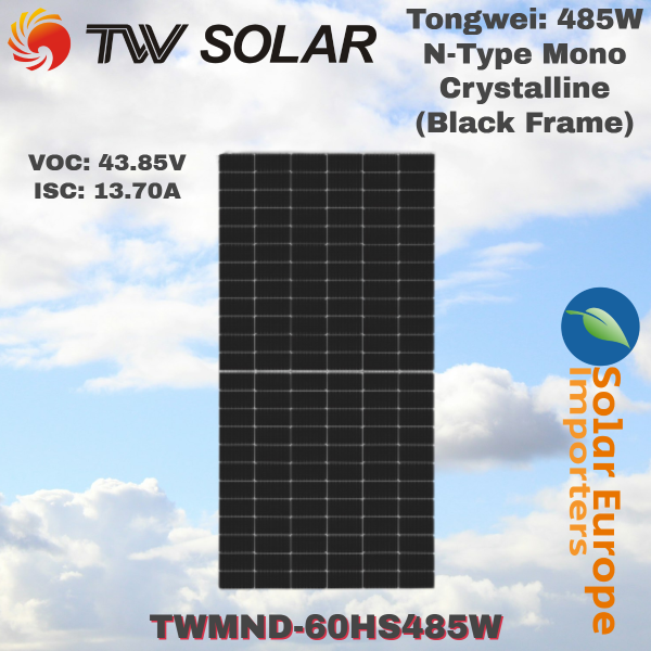 Tongwei: 485W N-Type Mono Crystalline (Black Frame) - VOC: 43.85V / ISC: 13.70A (TWMND-60HS485W)