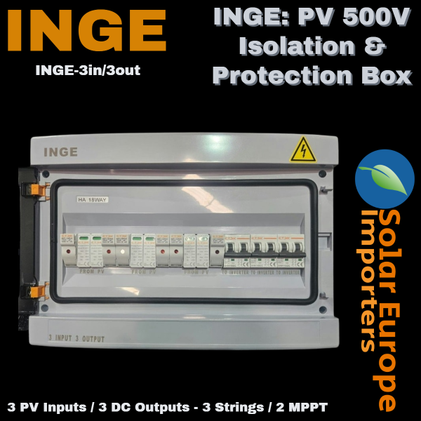 INGE: PV 500V Isolation & Protection Box: 3 PV Inputs / 3 DC Outputs - 3 Strings / 2 MPPT (18 Way Box) (INGE-3in/3out)