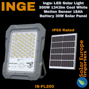 Inge: LED Solar Light 200W 1343lm Cool White Motion Sensor 18Ah Battery 30W Solar Panel (IS-FL200)