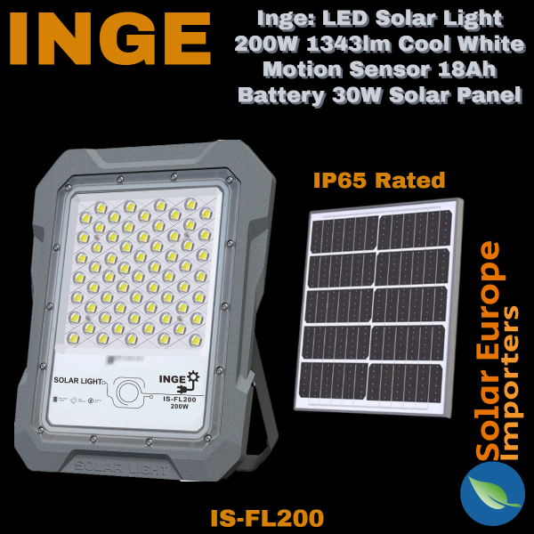 Inge: LED Solar Light 200W 1343lm Cool White Motion Sensor 18Ah Battery 30W Solar Panel (IS-FL200)